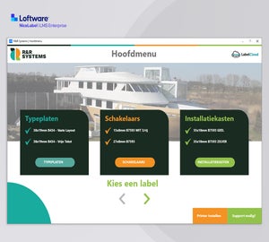 NiceLabel 10 LMS Enterprise hoofdmenu met toepassingen voor typeplaten, schakelaars en installatiekasten
